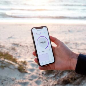 a person holding a cell phone with a beach in the background