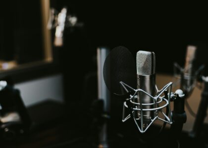 macro photography of silver and black studio microphone condenser